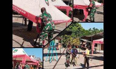 Babinsa Joyotakan Latih Pemasangan Tenda Darurat Antisipasi Bencana Bersama Bhabinkamtibmas dan Linmas