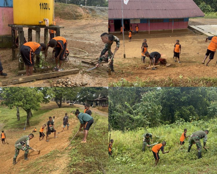 Kolaborasi TNI, Guru, dan Siswa Gelar Karya Bakti di SD Amupkim Boven Digoel